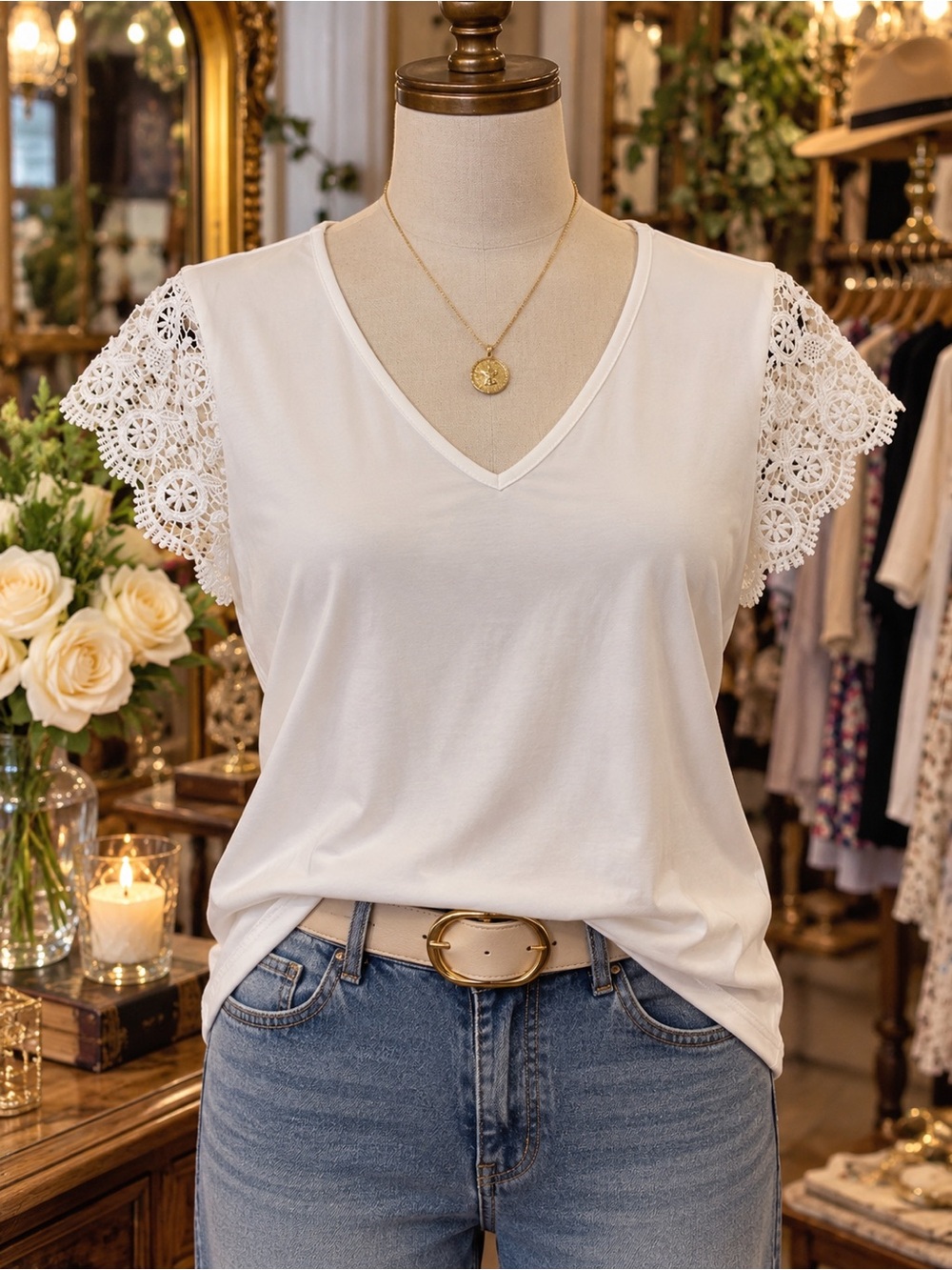 White Top Eyelet Ruffle Cap Sleeve